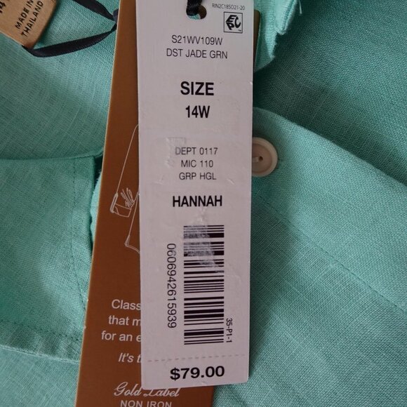 Investments Linen Blouse Top Women's 14W Green Roll Tab Sleeves - Picture 8 of 10